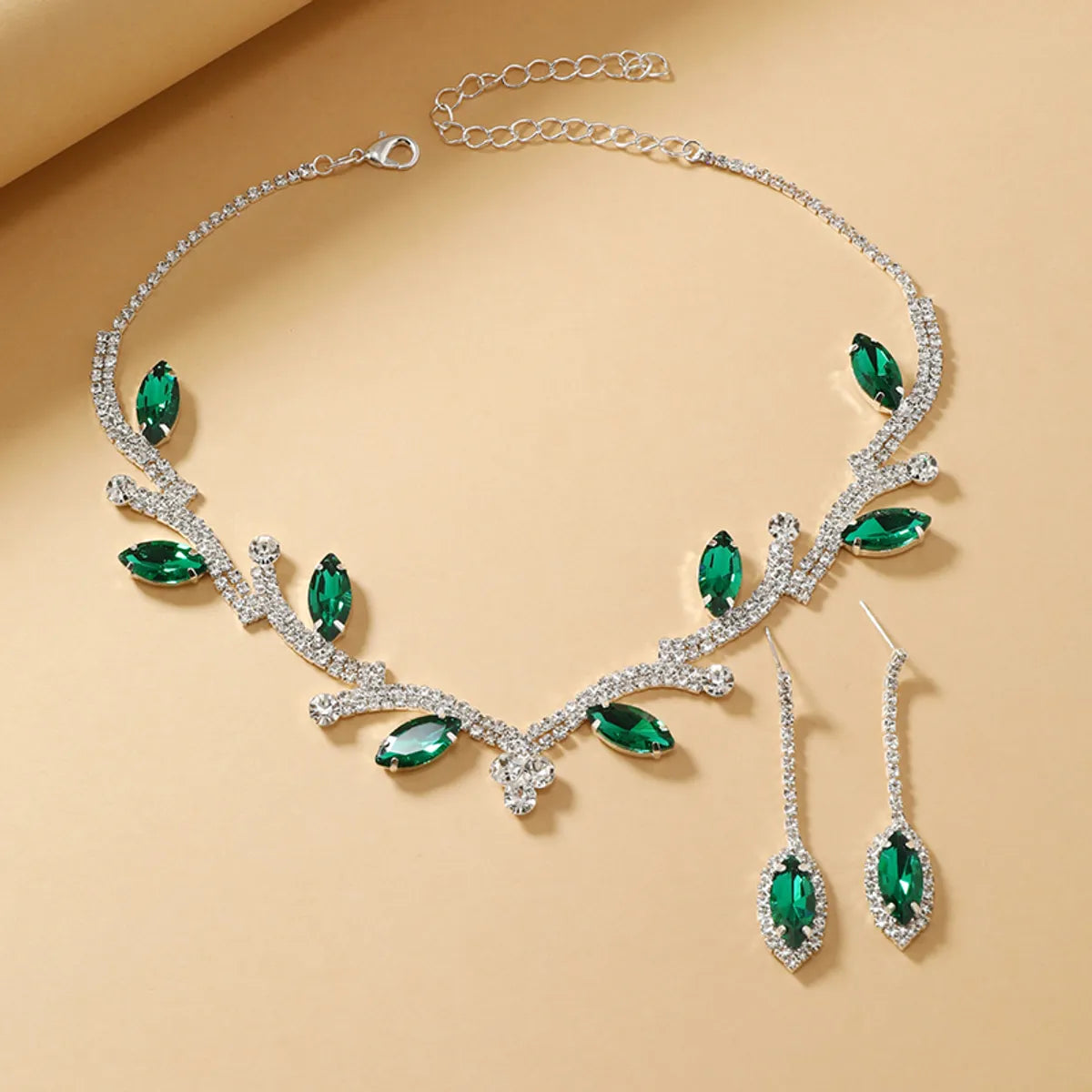 Luxurious Bridal Leaf Alloy Plating Inlay Rhinestones Silver Plated Women's Earrings Necklace