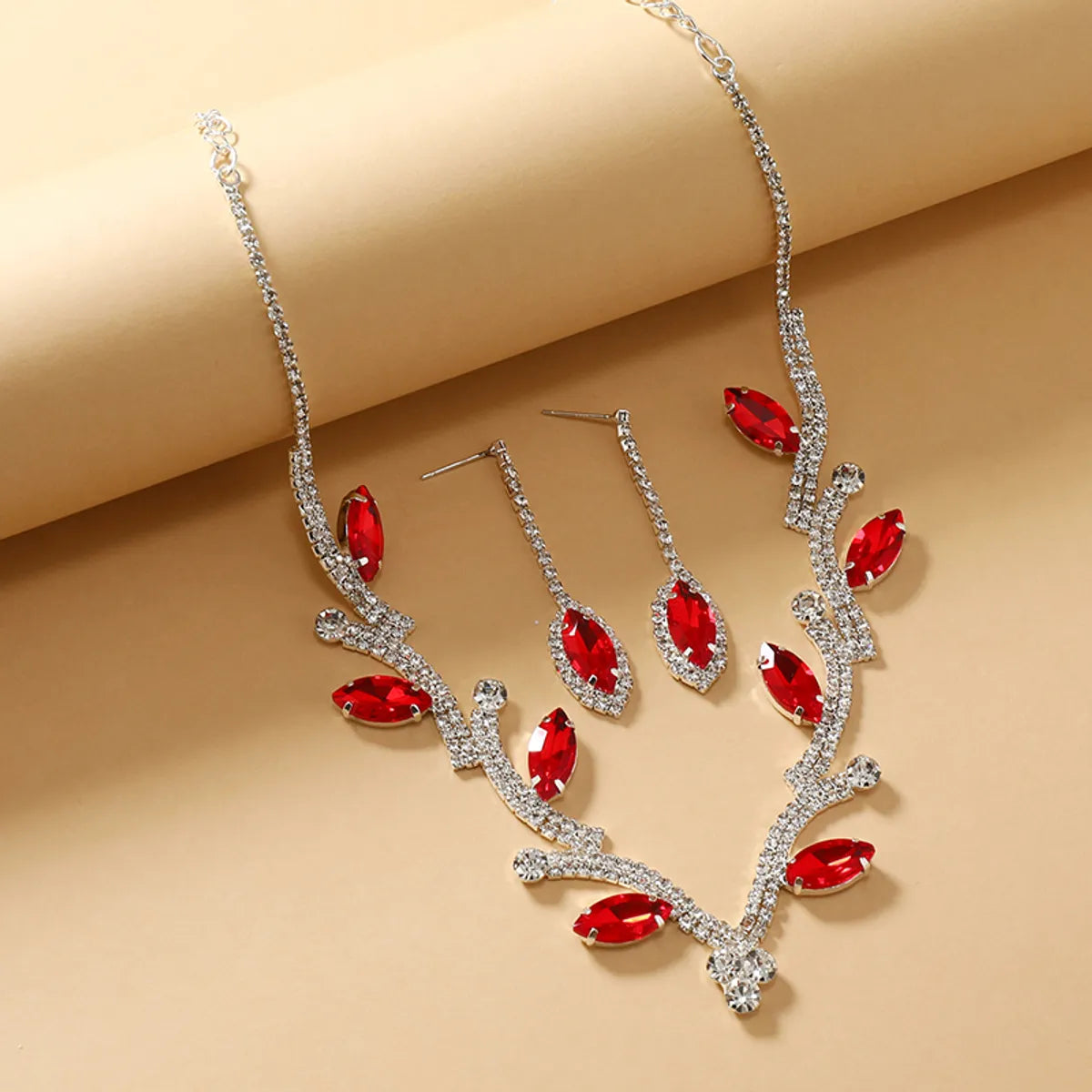 Luxurious Bridal Leaf Alloy Plating Inlay Rhinestones Silver Plated Women's Earrings Necklace