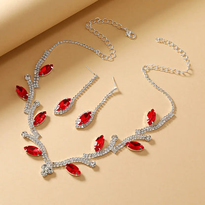 Luxurious Bridal Leaf Alloy Plating Inlay Rhinestones Silver Plated Women's Earrings Necklace