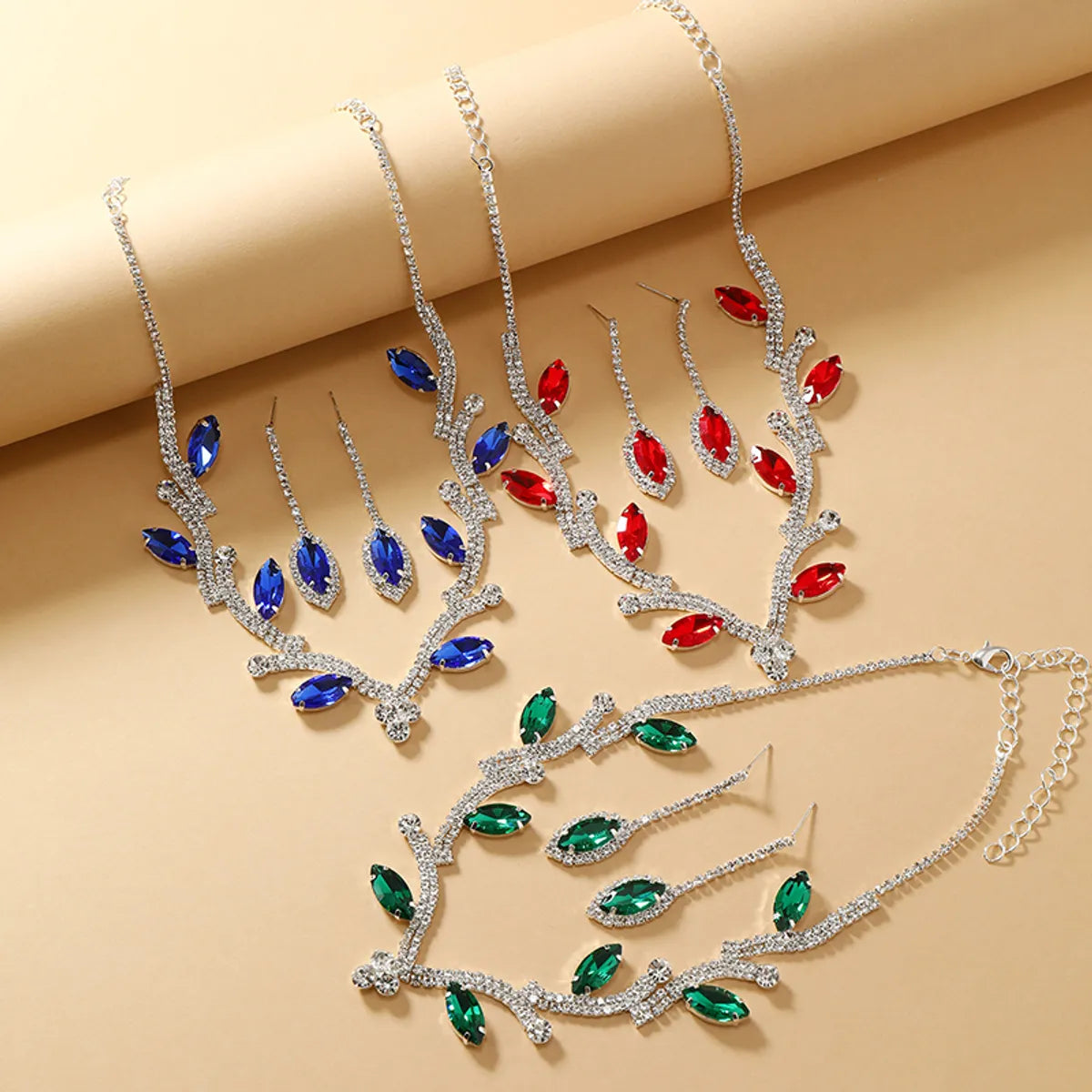 Luxurious Bridal Leaf Alloy Plating Inlay Rhinestones Silver Plated Women's Earrings Necklace