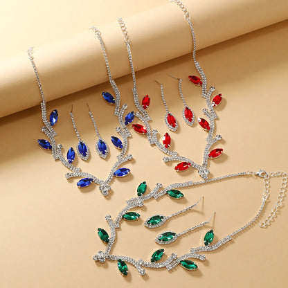 Luxurious Bridal Leaf Alloy Plating Inlay Rhinestones Silver Plated Women's Earrings Necklace