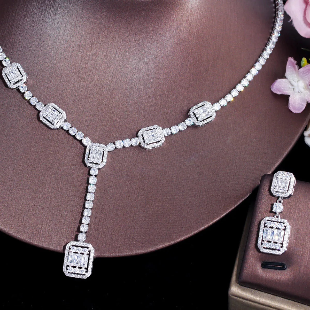 Luxurious Bridal Shiny Square Copper Plating Inlay Artificial Gemstones White Gold Plated Rhodium Plated Jewelry Set