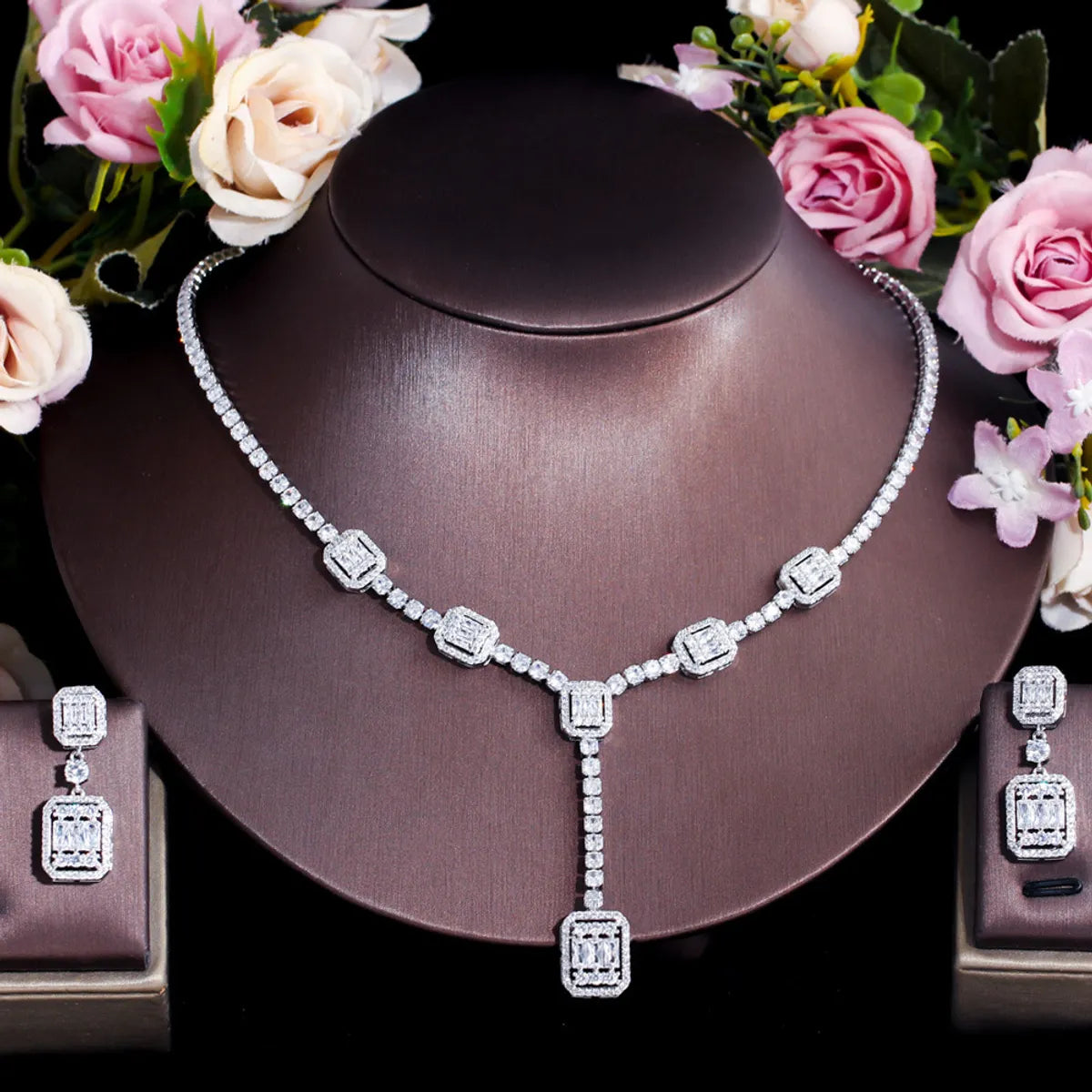 Luxurious Bridal Shiny Square Copper Plating Inlay Artificial Gemstones White Gold Plated Rhodium Plated Jewelry Set