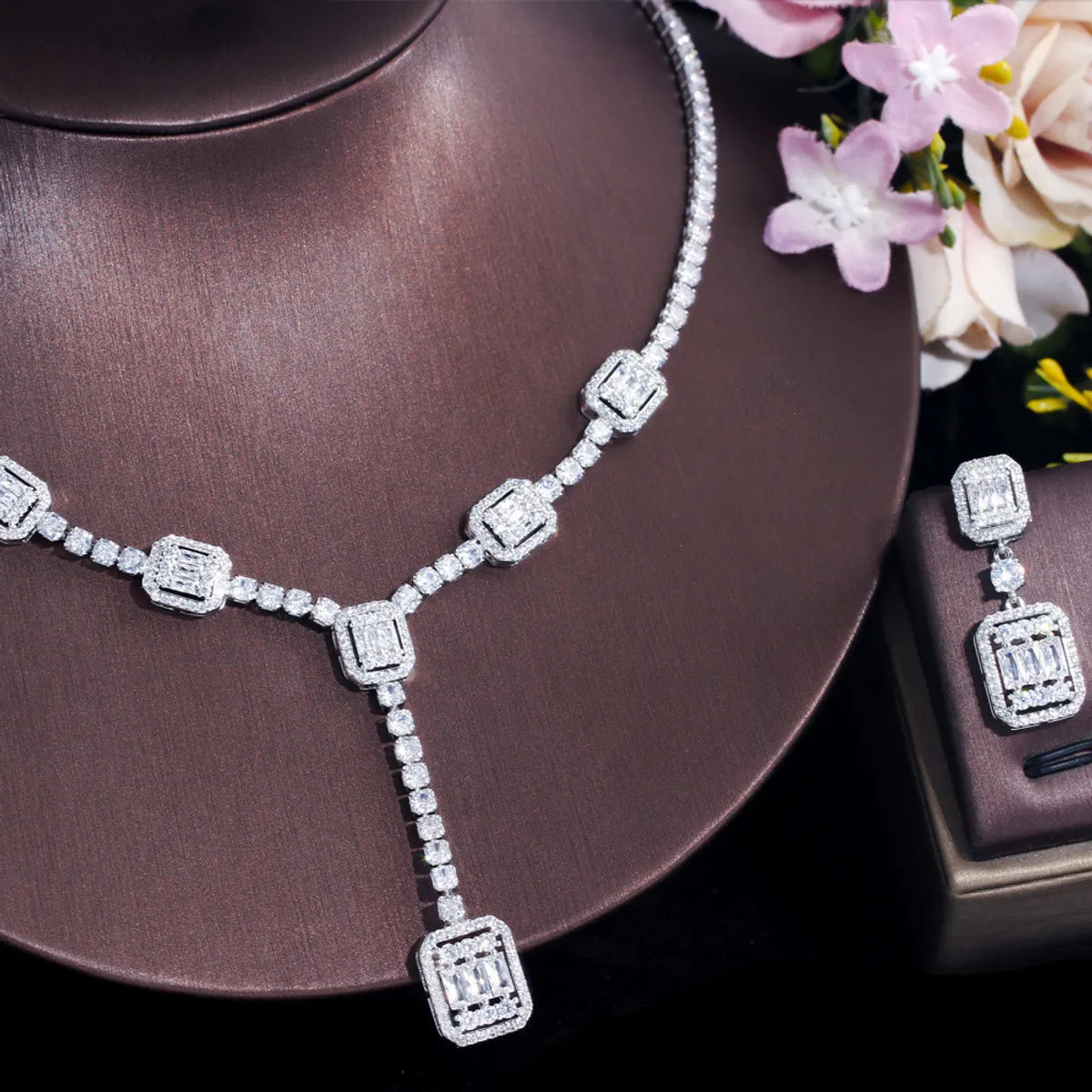 Luxurious Bridal Shiny Square Copper Plating Inlay Artificial Gemstones White Gold Plated Rhodium Plated Jewelry Set