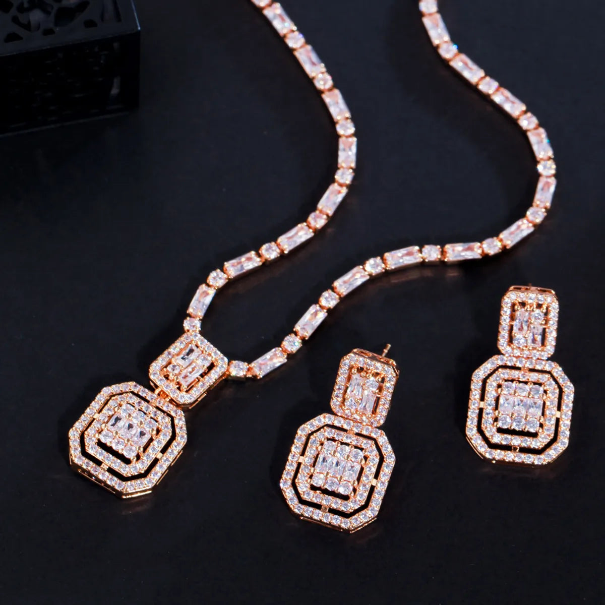 Luxurious Bridal Square Copper Inlay Artificial Gemstones White Gold Plated Rhodium Plated Jewelry Set