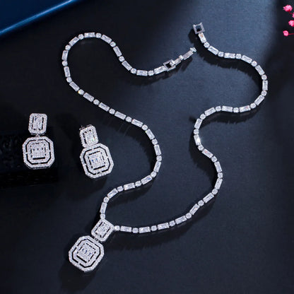 Luxurious Bridal Square Copper Inlay Artificial Gemstones White Gold Plated Rhodium Plated Jewelry Set