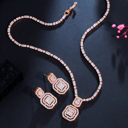 Luxurious Bridal Square Copper Inlay Artificial Gemstones White Gold Plated Rhodium Plated Jewelry Set