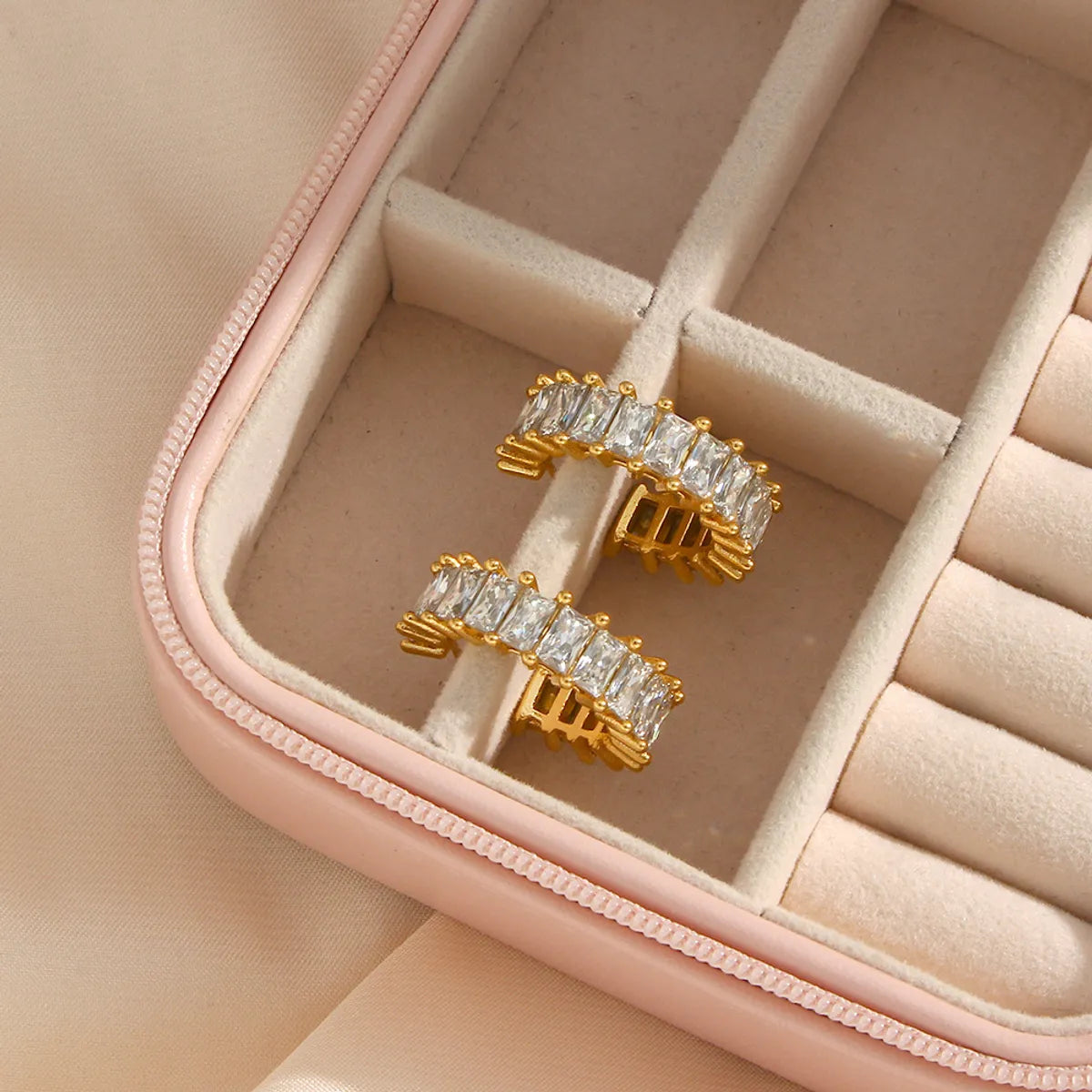 Luxurious C Shape Plating Stainless Steel Zircon Gold Plated Earrings