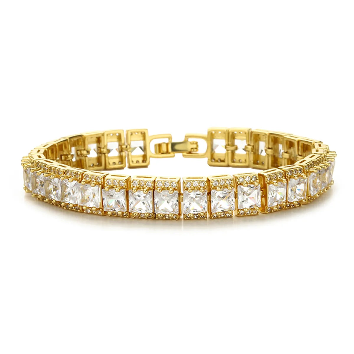 Luxurious Cool Style Shiny Color Block Square Copper Plating Inlay Zircon 18k Gold Plated Tennis Bracelet