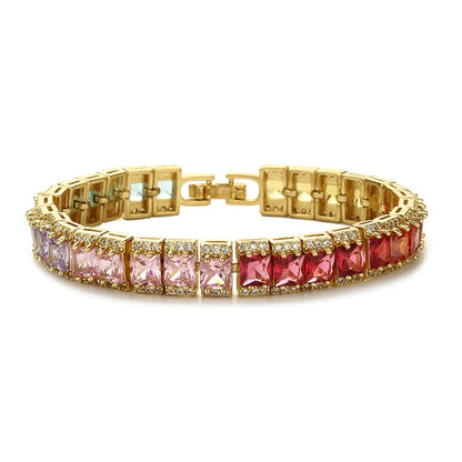 Luxurious Cool Style Shiny Color Block Square Copper Plating Inlay Zircon 18k Gold Plated Tennis Bracelet