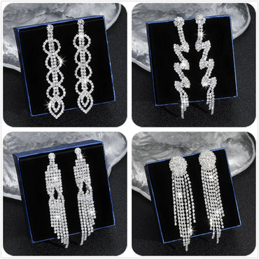 Luxurious Geometric Rhinestone Tassel Drop Earrings 1 Pair