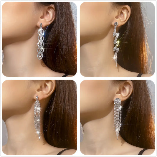 Luxurious Geometric Rhinestone Tassel Drop Earrings 1 Pair