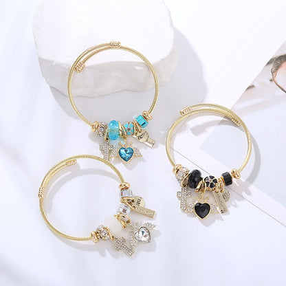 Luxurious Heart Shape Gold Plated Rhinestones Glass 304 Stainless Steel Alloy Wholesale Bangle