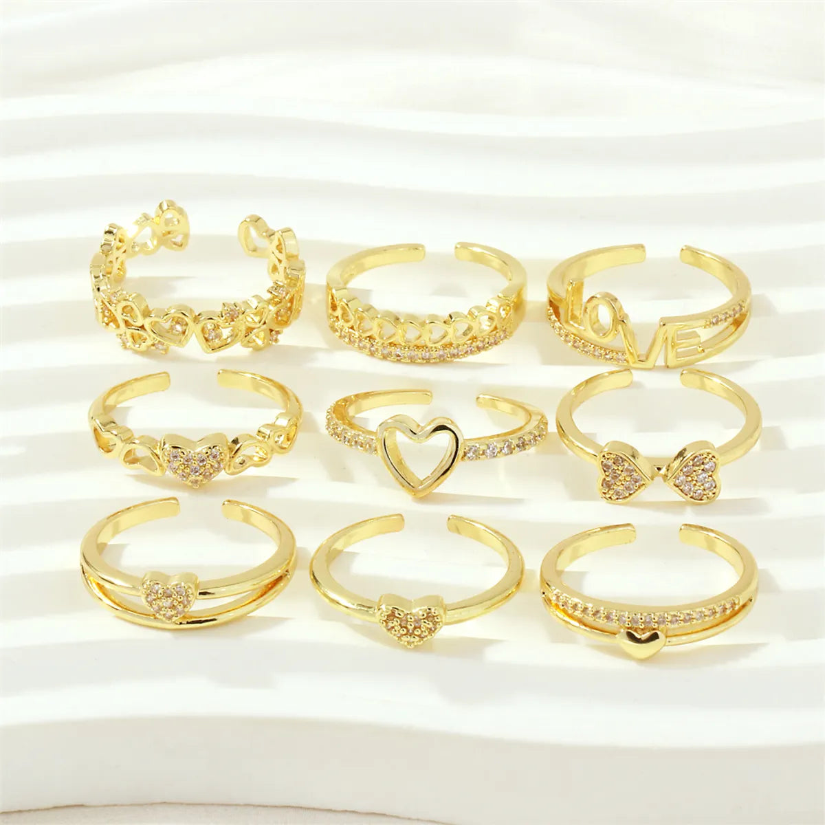 Luxurious Letter Heart Shape Copper 18k Gold Plated Zircon Open Rings In Bulk