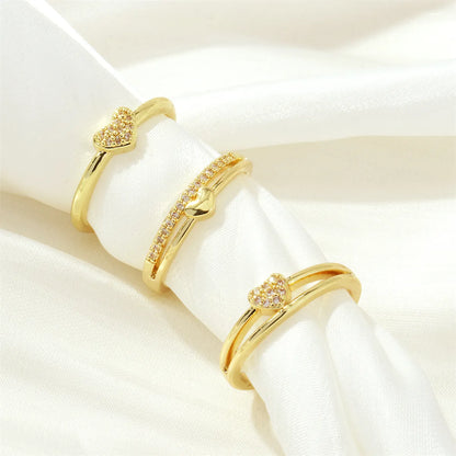 Luxurious Letter Heart Shape Copper 18k Gold Plated Zircon Open Rings In Bulk