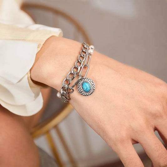 Luxurious Modern Style Commute Round Stainless Steel Imitation Pearl Inlay Turquoise Bracelets