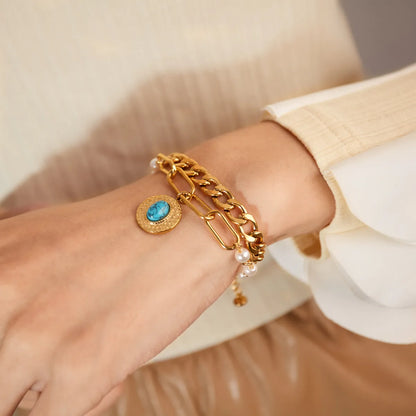 Luxurious Modern Style Commute Round Stainless Steel Imitation Pearl Inlay Turquoise Bracelets