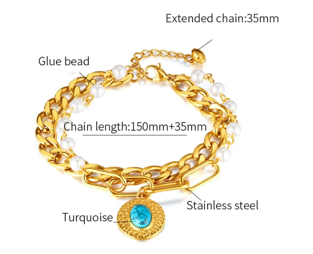 Luxurious Modern Style Commute Round Stainless Steel Imitation Pearl Inlay Turquoise Bracelets