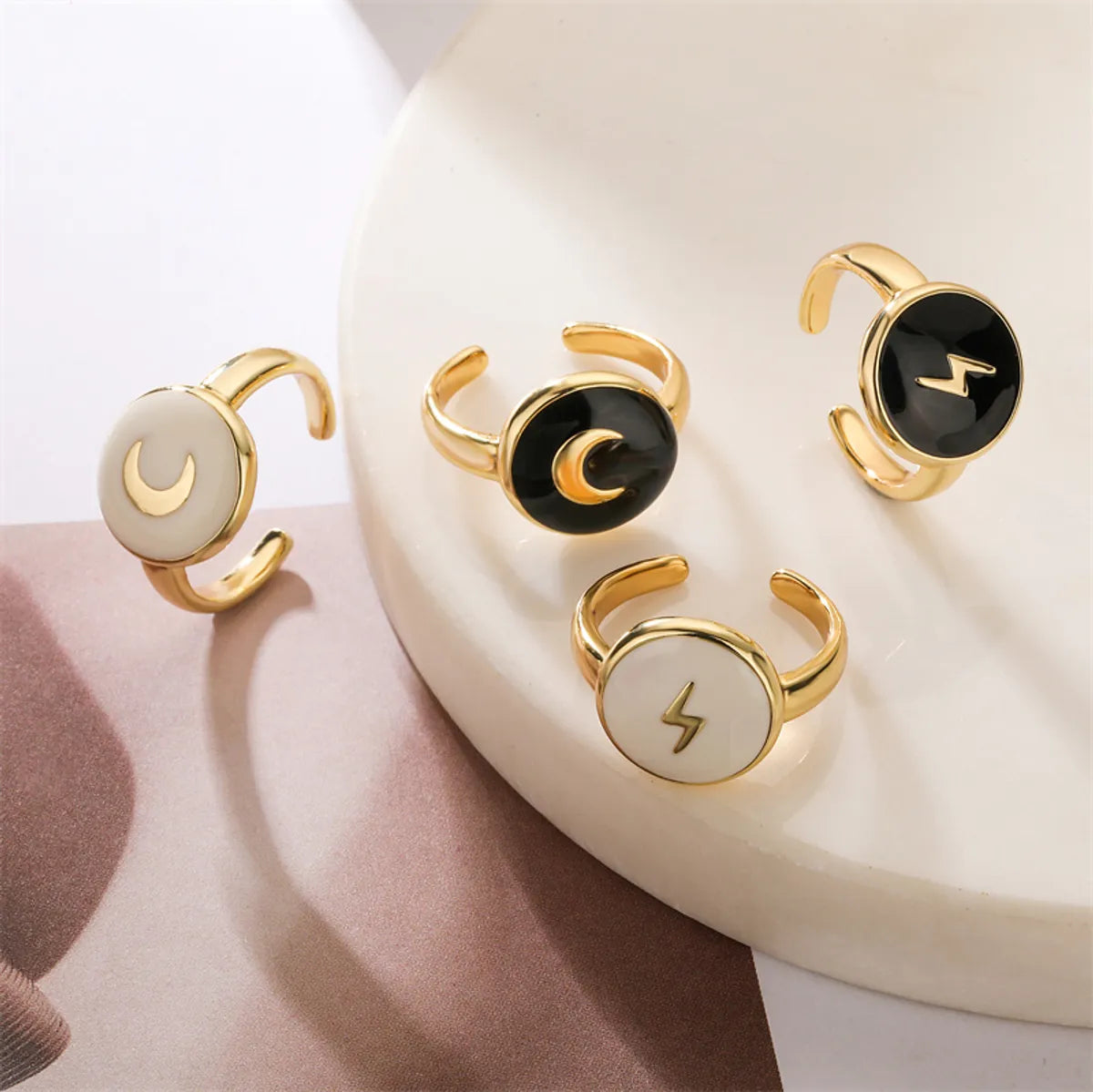 Luxurious Moon Lightning Copper Enamel Plating Gold Plated Open Rings