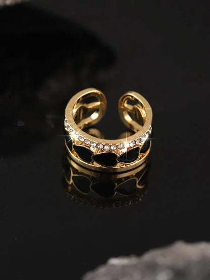 Luxurious Shiny Geometric Heart Shape Copper Enamel Plating Inlay Zircon 18k Gold Plated Open Rings