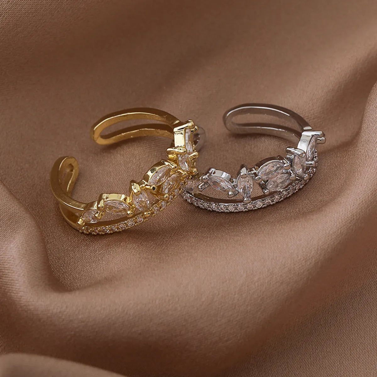 Luxurious Shiny Leaf Copper Plating White Gold Plated Gold Plated Open Rings