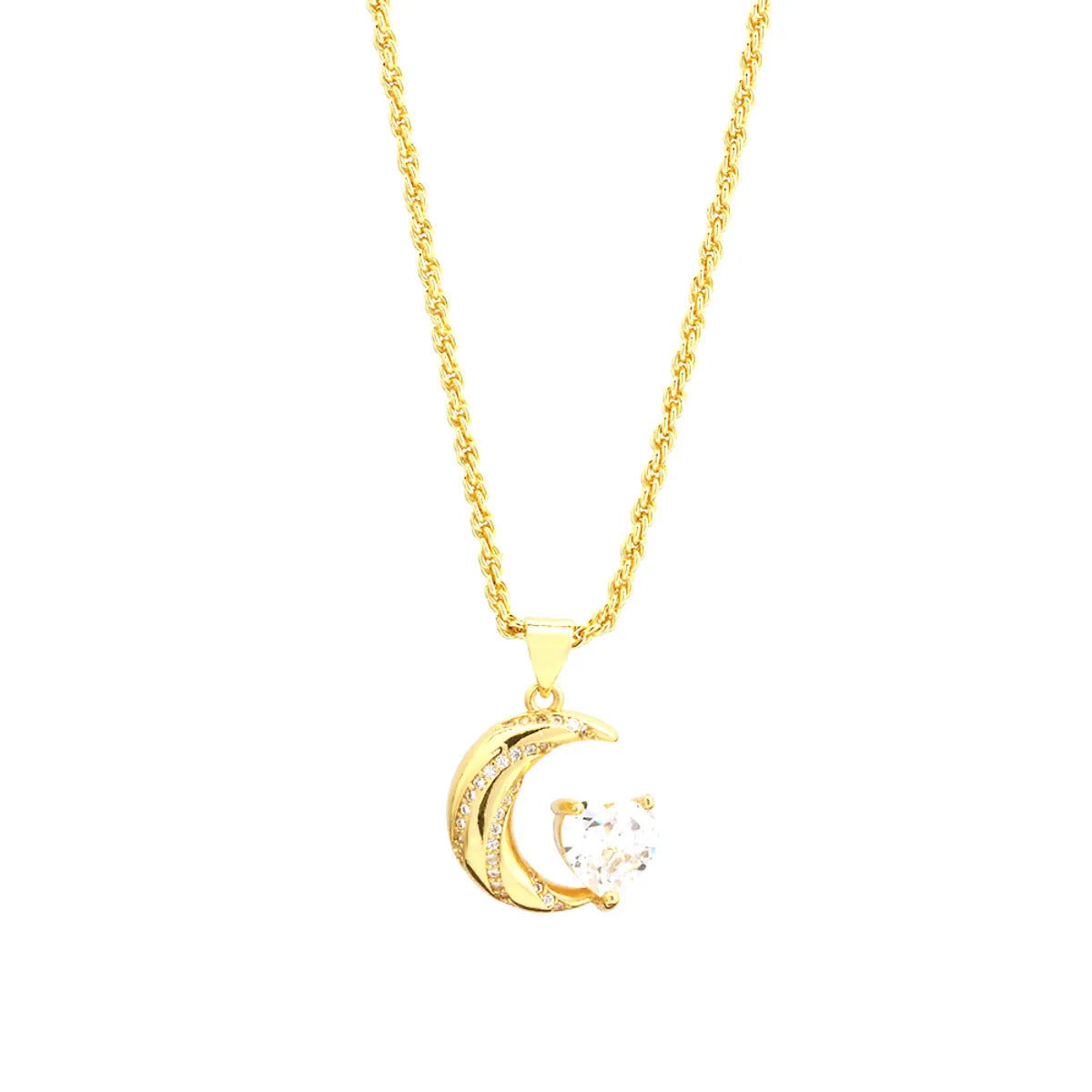 Luxurious Shiny Moon Heart Shape Copper 18k Gold Plated Zircon Pendant Necklace In Bulk