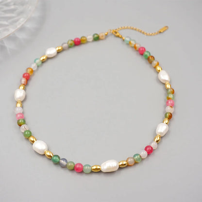 Luxurious Simple Style Round 304 Stainless Steel Natural Stone Freshwater Pearl Beaded Handmade Gold Plated Women'S Necklace