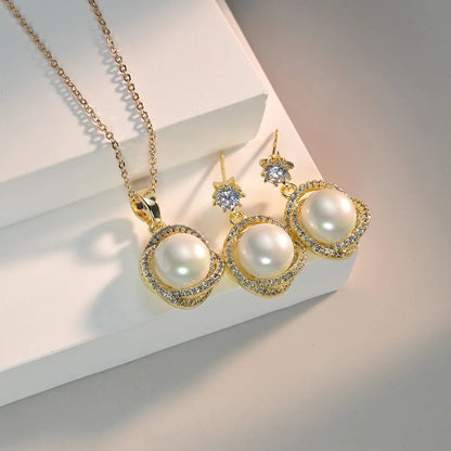 Luxurious Simple Style Round Brass Plating Inlay Pearl Zircon 18k Gold Plated Earrings Necklace