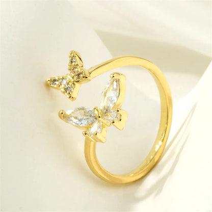 Luxurious Simple Style Round Butterfly Copper Plating Inlay Zircon 18k Gold Plated Open Rings