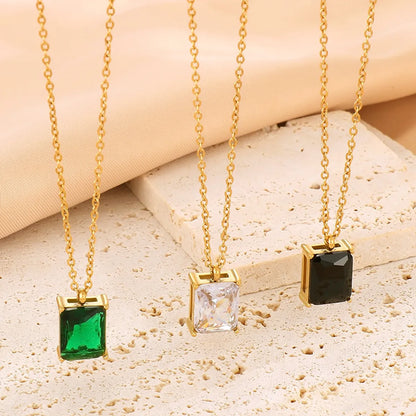 Luxurious Square Stainless Steel Inlay Zircon 18k Gold Plated Pendant Necklace