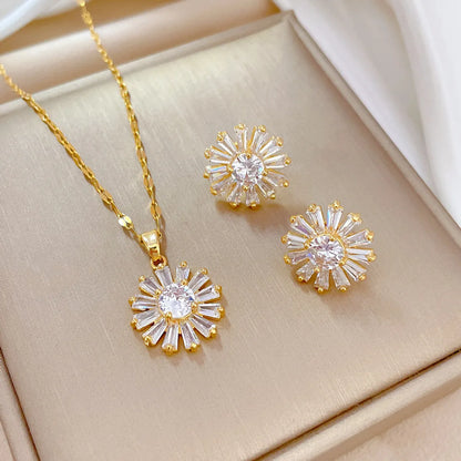 Wholesale Luxurious Sunflower Titanium Steel Copper Inlay Zircon Earrings Necklace