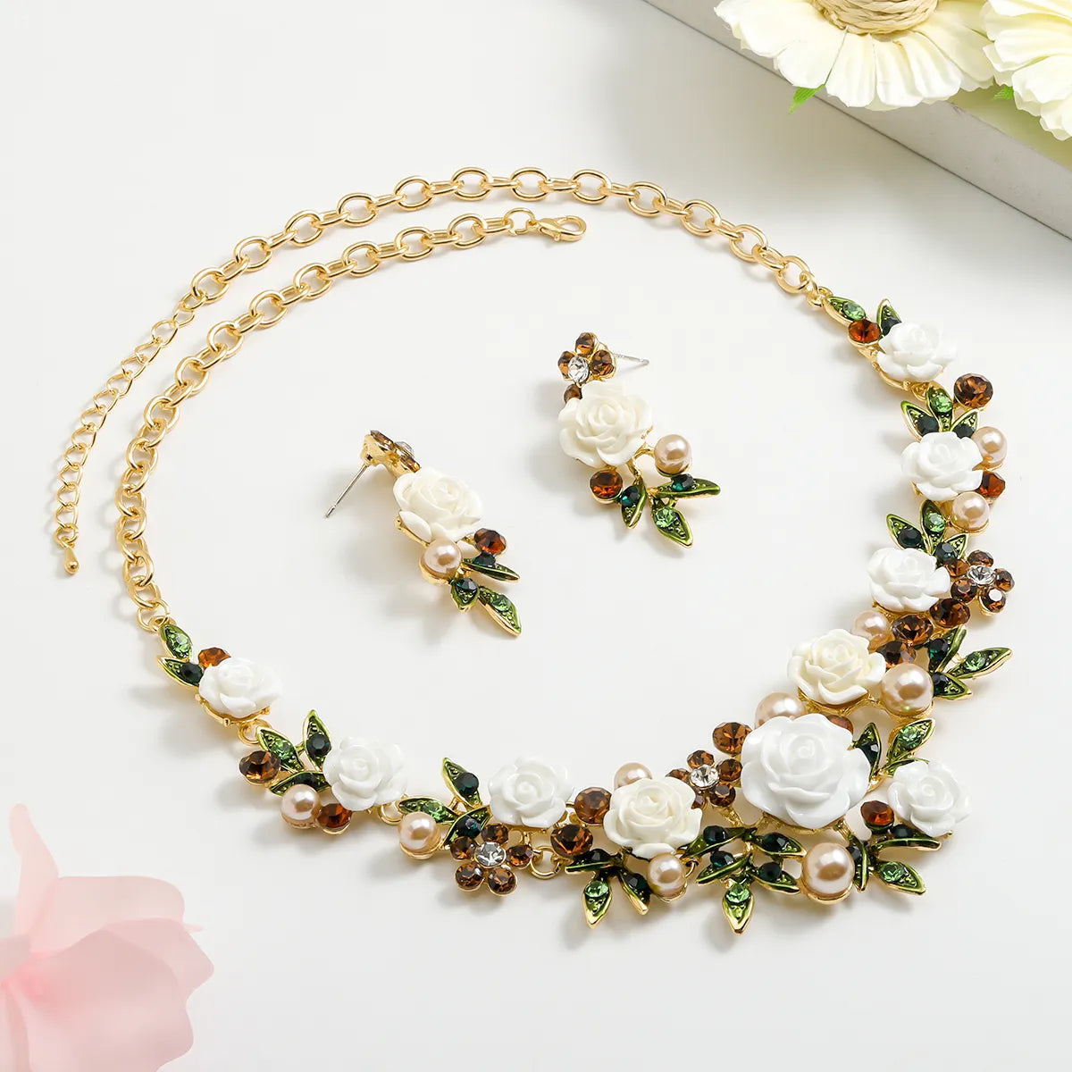 Luxurious Sweet Flower Alloy Polishing Plating Inlay Enamel Women's Earrings Necklace