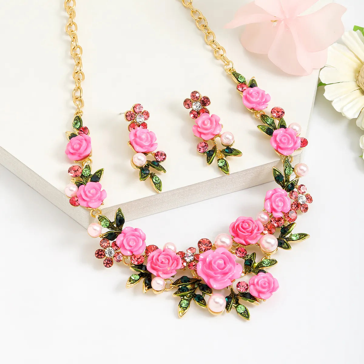 Luxurious Sweet Flower Alloy Polishing Plating Inlay Enamel Women's Earrings Necklace