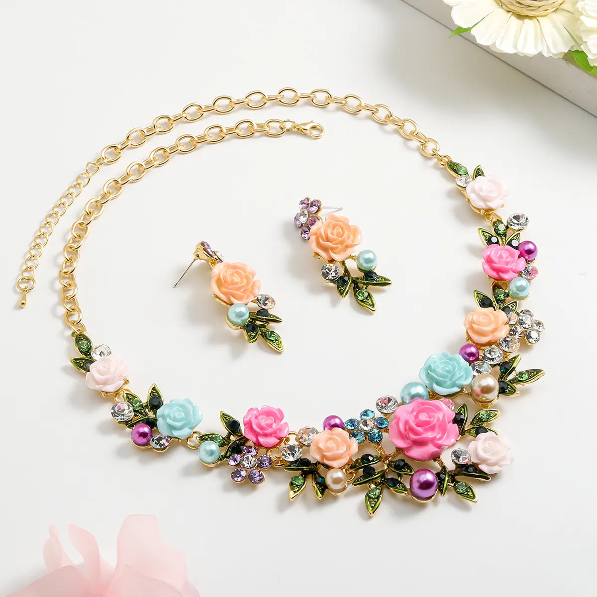 Luxurious Sweet Flower Alloy Polishing Plating Inlay Enamel Women's Earrings Necklace