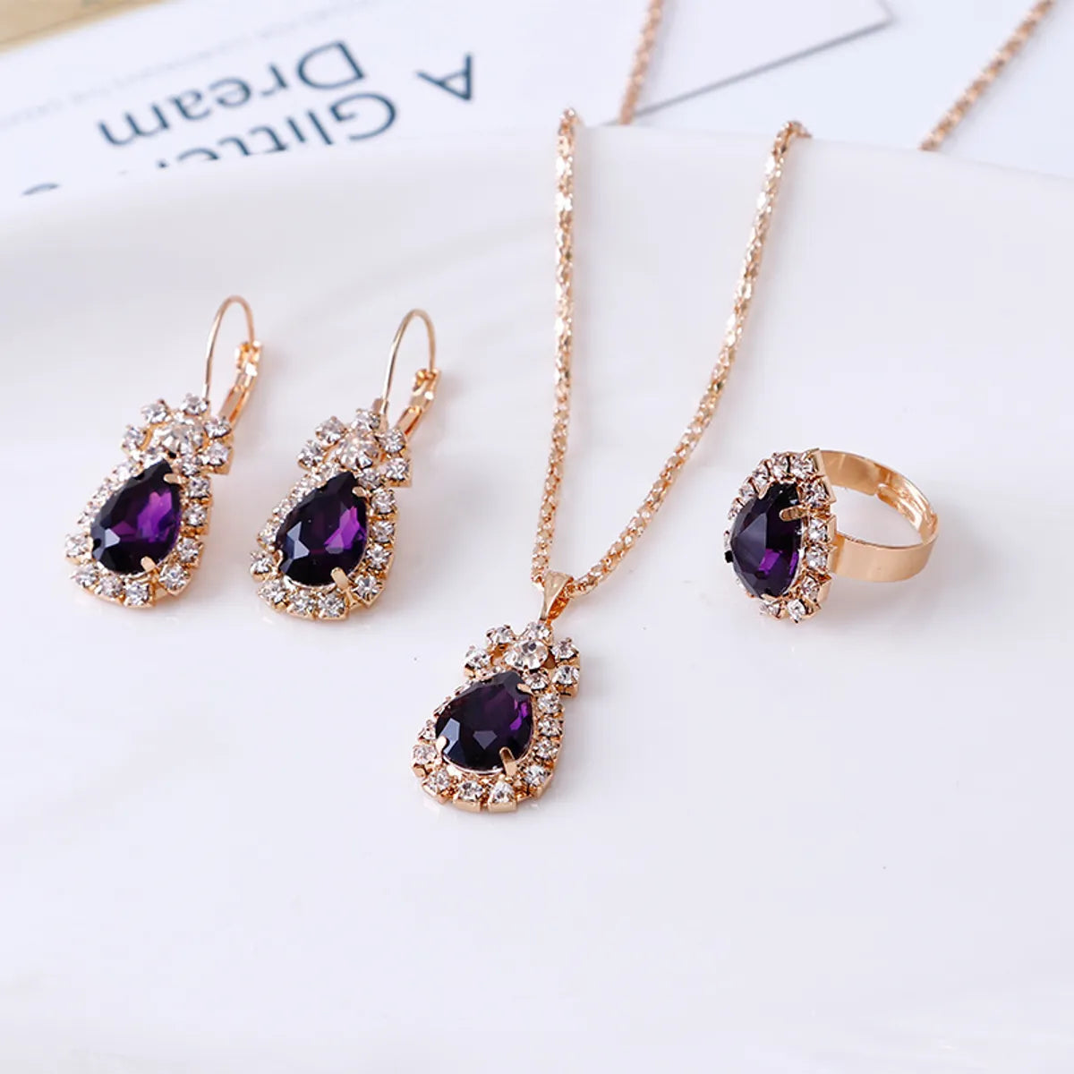 Luxurious Water Droplets Artificial Crystal Rhinestone Women'S Rings Earrings Necklace