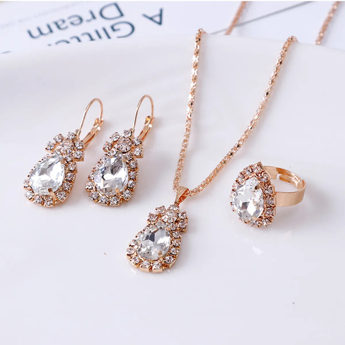 Luxurious Water Droplets Artificial Crystal Rhinestone Women'S Rings Earrings Necklace