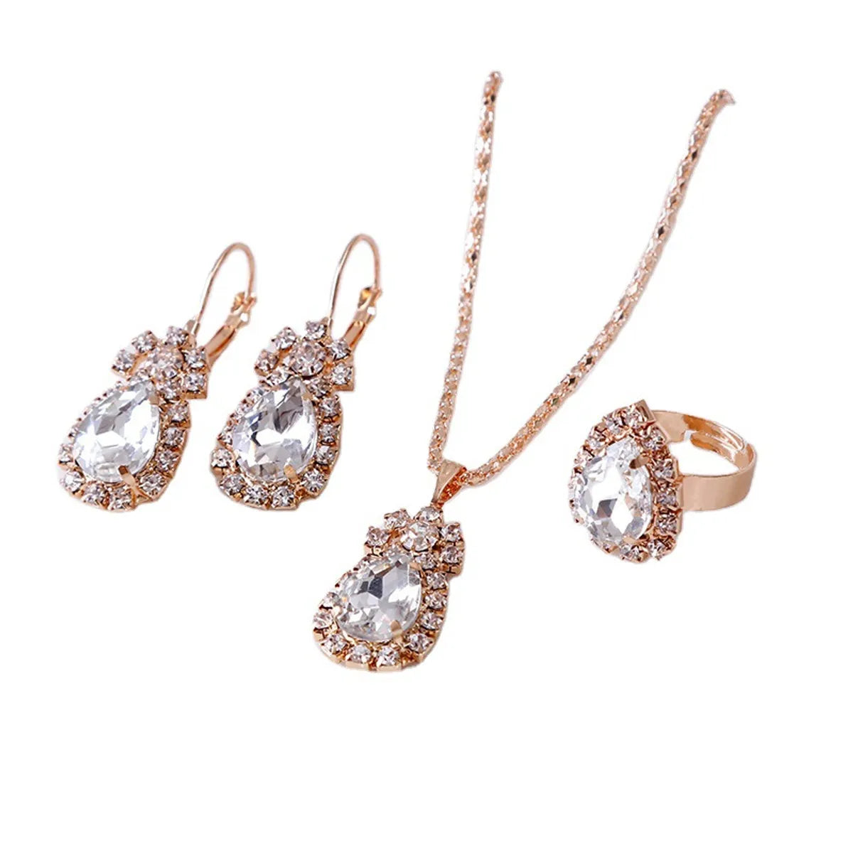 Luxurious Water Droplets Artificial Crystal Rhinestone Women'S Rings Earrings Necklace