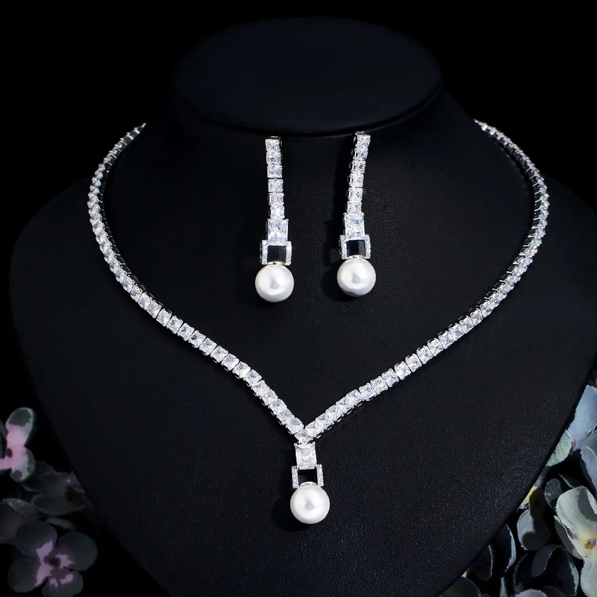 Luxurious Wedding Bridal Solid Color Copper Plating Inlay Artificial Gemstones Artificial Pearls White Gold Plated Rhodium Plated Jewelry Set