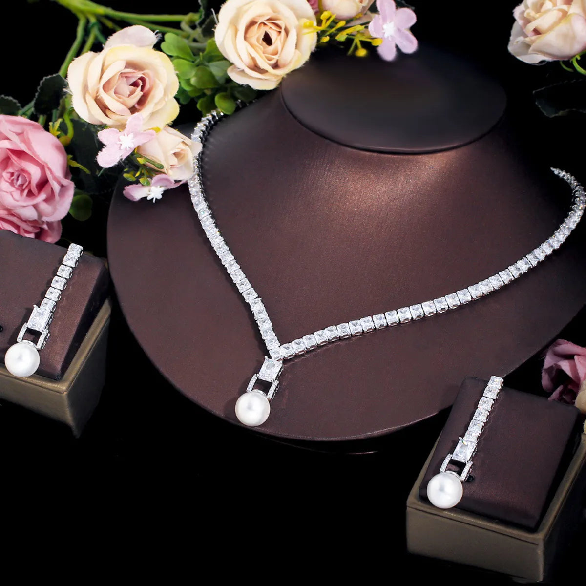 Luxurious Wedding Bridal Solid Color Copper Plating Inlay Artificial Gemstones Artificial Pearls White Gold Plated Rhodium Plated Jewelry Set