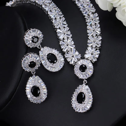 Luxurious Wedding Bridal Water Droplets Copper Plating Inlay Artificial Gemstones White Gold Plated Rhodium Plated Jewelry Set