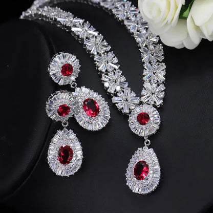 Luxurious Wedding Bridal Water Droplets Copper Plating Inlay Artificial Gemstones White Gold Plated Rhodium Plated Jewelry Set