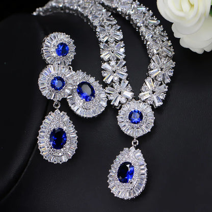 Luxurious Wedding Bridal Water Droplets Copper Plating Inlay Artificial Gemstones White Gold Plated Rhodium Plated Jewelry Set