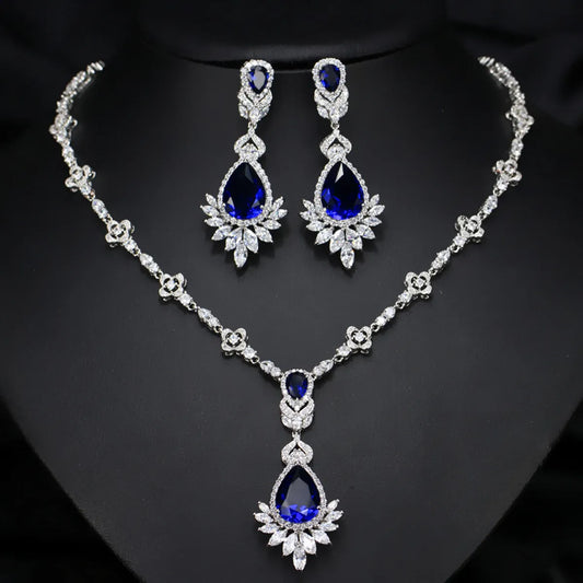 Luxurious Wedding Bridal Water Droplets Crown Copper Plating Inlay Artificial Gemstones White Gold Plated Rhodium Plated Jewelry Set