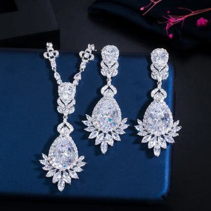 Luxurious Wedding Bridal Water Droplets Crown Copper Plating Inlay Artificial Gemstones White Gold Plated Rhodium Plated Jewelry Set