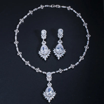 Luxurious Wedding Bridal Water Droplets Crown Copper Plating Inlay Artificial Gemstones White Gold Plated Rhodium Plated Jewelry Set