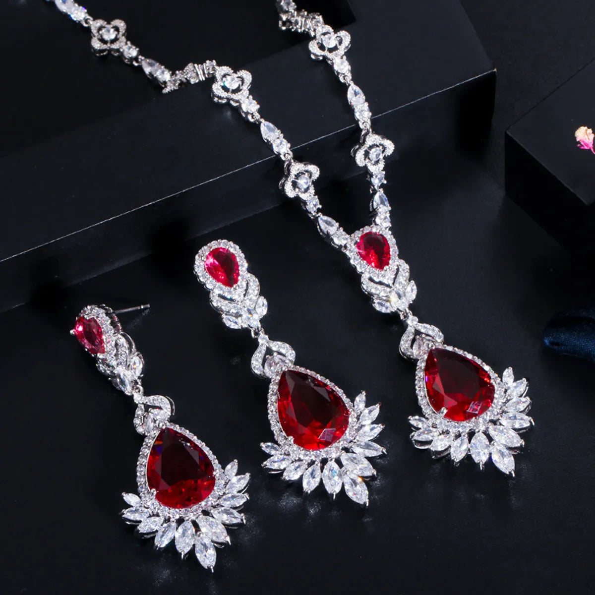 Luxurious Wedding Bridal Water Droplets Crown Copper Plating Inlay Artificial Gemstones White Gold Plated Rhodium Plated Jewelry Set