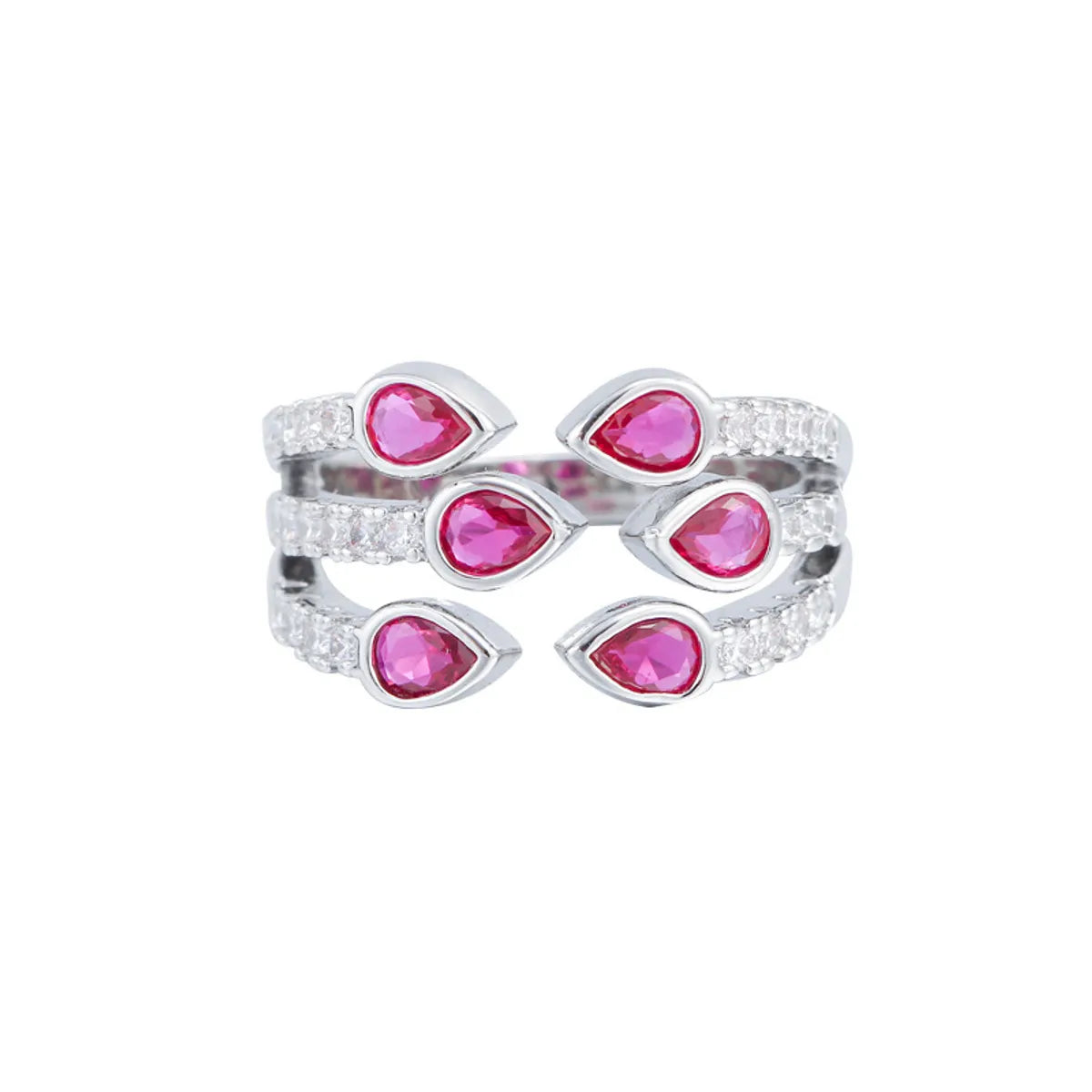 Luxurious Wedding Water Droplets Copper Plating Inlay Artificial Gemstones White Gold Plated Rhodium Plated Open Rings