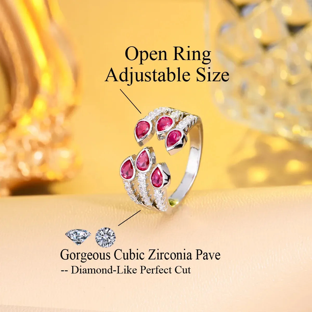 Luxurious Wedding Water Droplets Copper Plating Inlay Artificial Gemstones White Gold Plated Rhodium Plated Open Rings