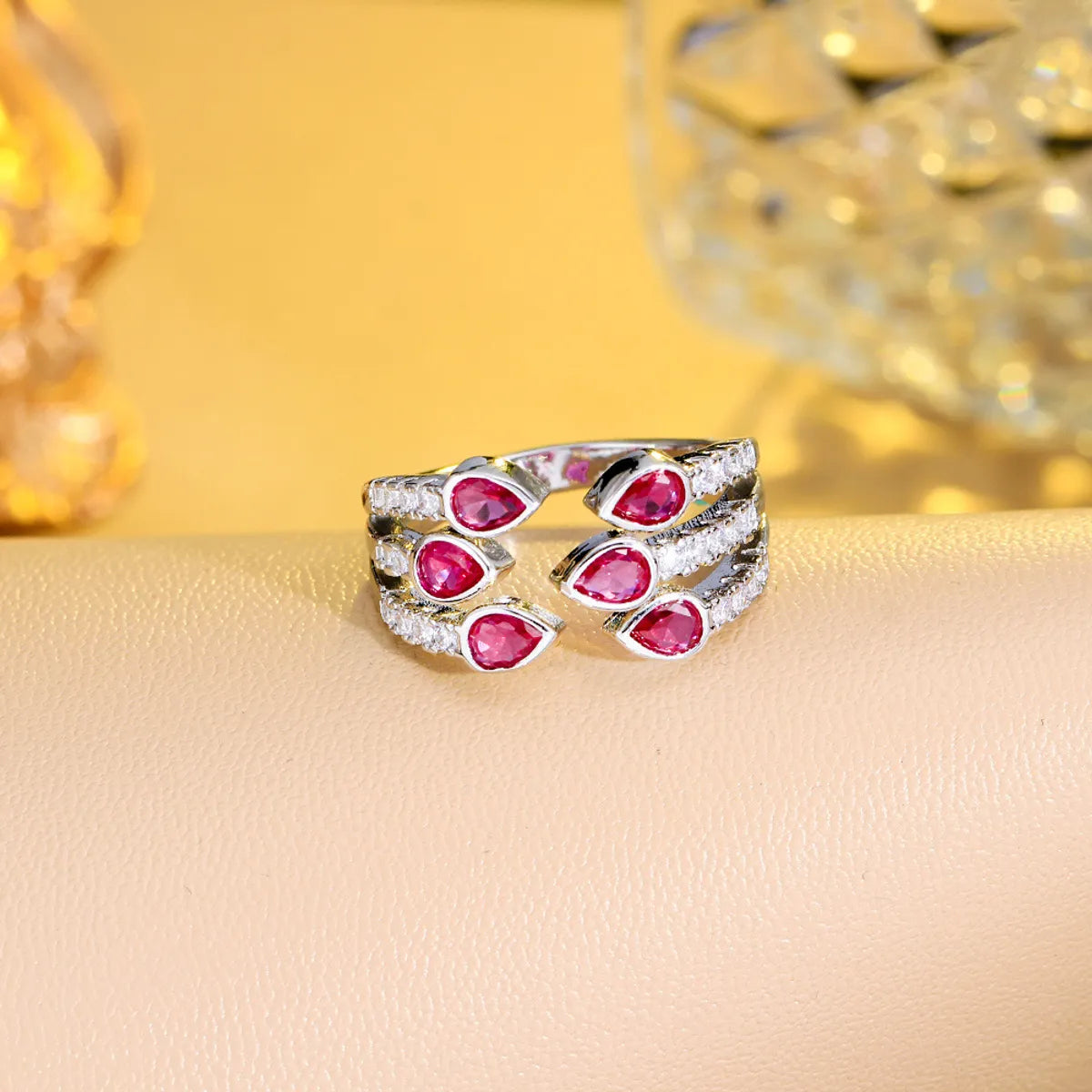 Luxurious Wedding Water Droplets Copper Plating Inlay Artificial Gemstones White Gold Plated Rhodium Plated Open Rings