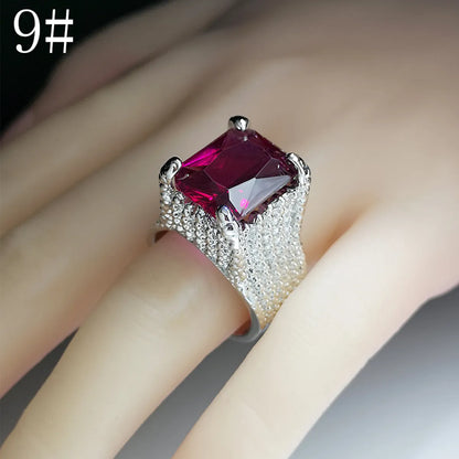 Luxury Rhinestone Inlaid Square Ruby Silver Alloy Rings